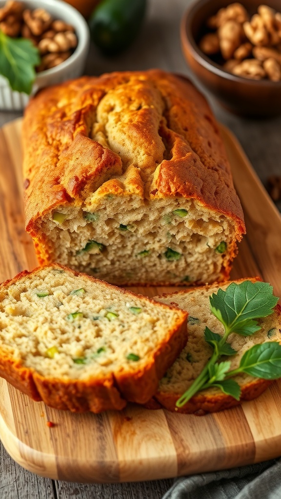 Sliced zucchini bread on a wooden cutting board, showcasing its moist texture and green zucchini flecks.
